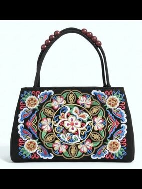 Embroidered Floral Black Tote Bag with Beaded Handles